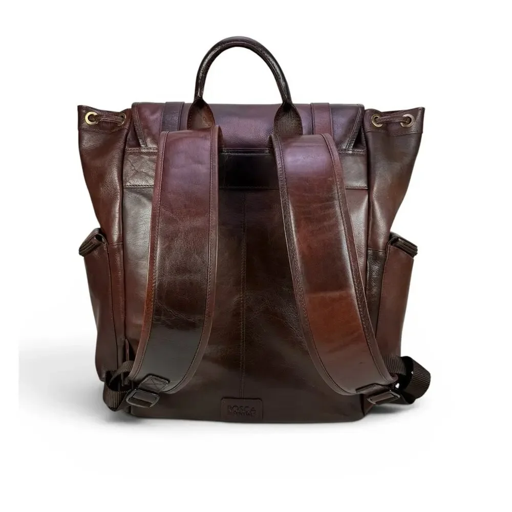 Bosca Leather Backpack Mens Large 40L Laptop Travel Bag Brown Full Grain Utility